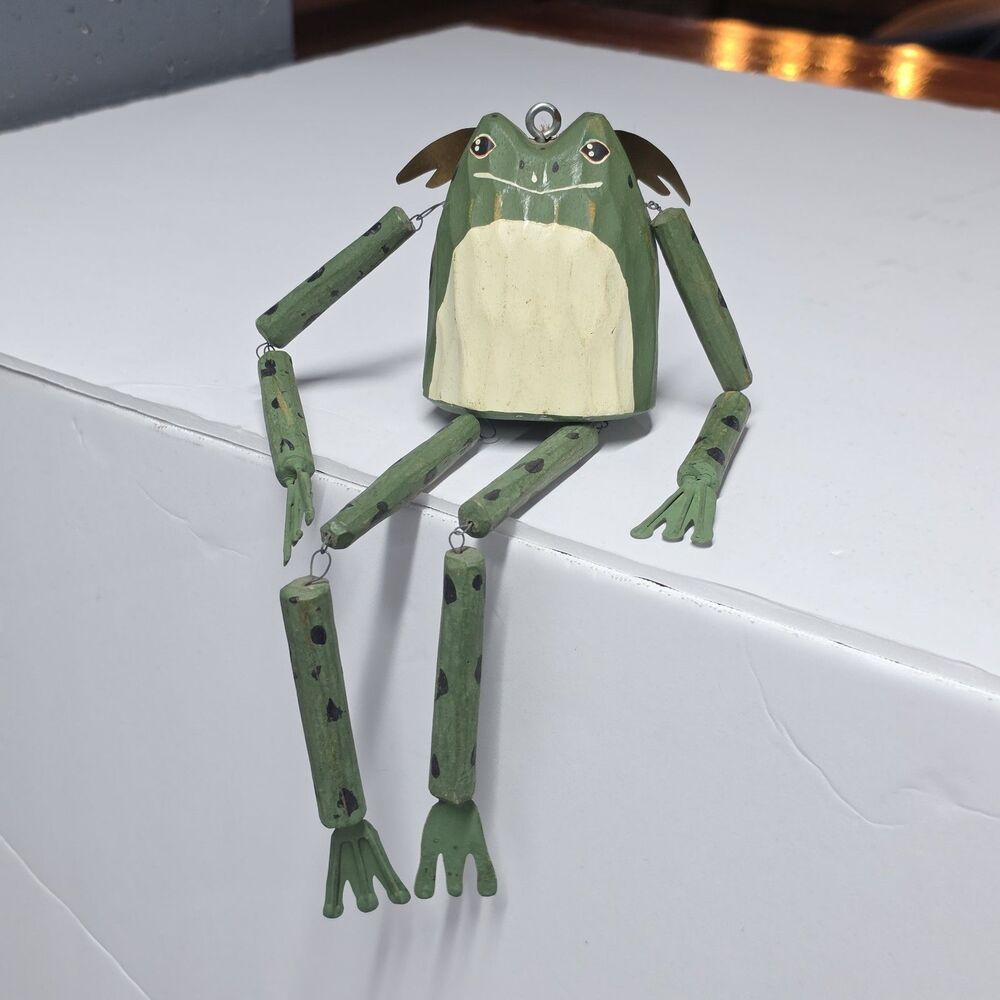 Vintage Wooden Green Frog Angel Shelf Sitter Dangling Marionette Ornament